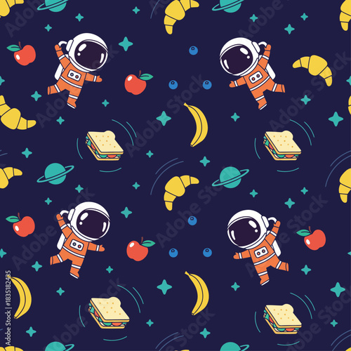cute astronaut pattern whimsical zero-g picnic with astronauts sandwiches and fruit floating in space ideal for childrens designs apparel.