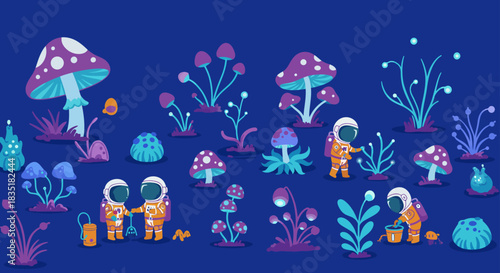 Cute astronauts exploring a whimsical mushroom planet tending to glowing flora amidst a colorful alien landscape perfect for childrens book illustrations