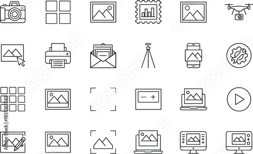 Photography, Digital Media, and Image Editing Icon Set Camera, Photo Gallery, Printer, Drone, Album, and Technical Settings Pictograms for App and Web UI