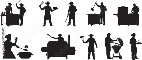 Silhouetted chefs and cooks preparing food outdoors on grills and smokers