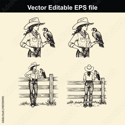 vector editable eps file featuring four black and white line art illustrations of a cowgirl wearing a cowboy hat and holding a falcon or hawk on her arm