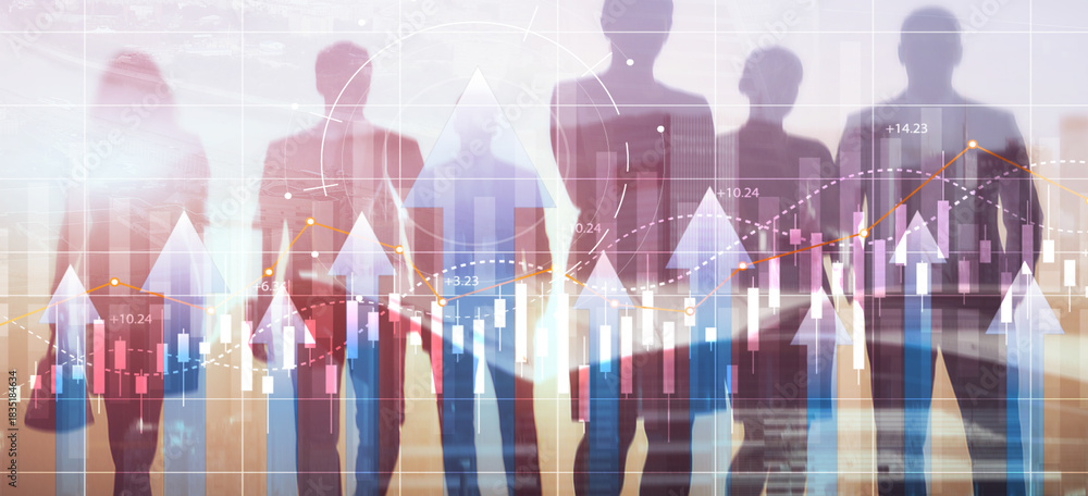 Fototapeta premium Businesspeople analyzing financial growth charts and data on digital screen