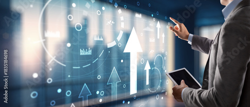 Progress or development concept. 2025 Business growth, investment profit increase, arrow graph future growth on virtual screen