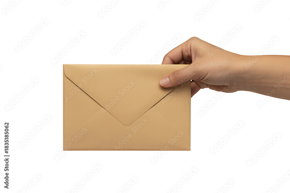 Fototapeta premium Hand holding a brown paper envelope, ready to be sent or received, isolated on white background