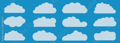 Clouds icon set. White cloud and blue sky vector set.  Cloudy weather comics elements  for  weather forecast, web interface or cloud storage applications.