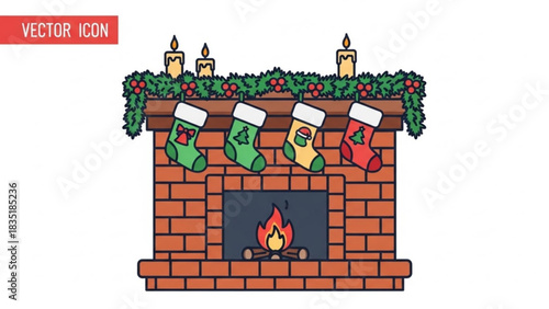 Download christmas fireplace with stockings and candles vector icon illustration design free image asset