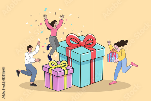 Happy people jumping and dancing around big gift boxes with falling confetti. Concept of holiday celebration, surprise birthday party, customer loyalty reward and special bonus giveaway.