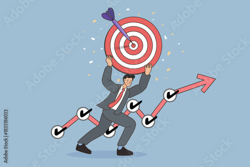 Successful businessman carrying a target with a bullseye while climbing a rising graph. A dynamic concept of hitting sales goals, achieving milestones, and celebrating corporate performance growth.