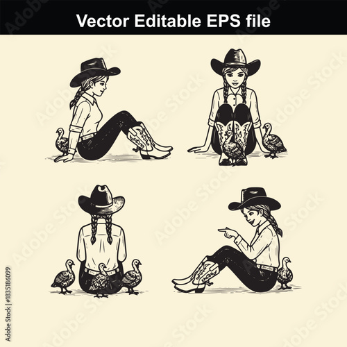vector illustration set featuring four different poses of a cowgirl wearing a cowboy hat and boots, sitting with small turkeys or fowl around her