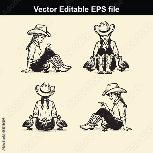 vector editable eps file showing four different poses of a cowgirl sitting with small ducks or geese around her in a vintage black and white illustration style