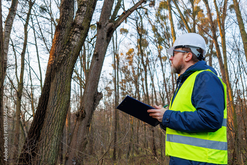 Foto Environmental engineer, forester checking tree health in the forest
