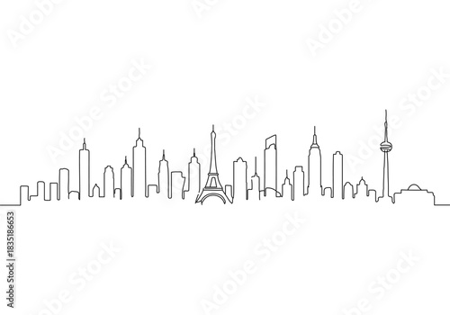Continuous line art drawing of a global city skyline featuring iconic landmarks, minimalist vector illustration style
