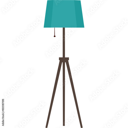 Teal Lampshade Floor Lamp With Tripod Base Standing On A Black Background With Detailed Illustration Of A Modern Household Lighting Fixture