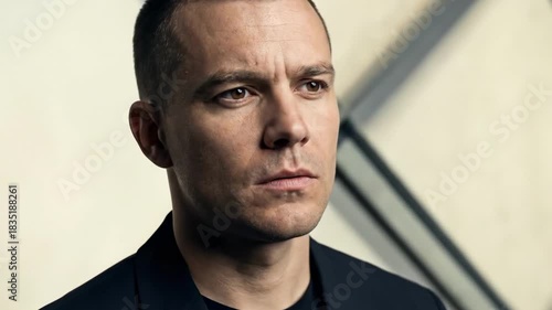 crew cut hairstyle | A focused man in a dark blazer stands with closed eyes, capturing a moment of tranquility and introspection against a backdrop of geometric shadows