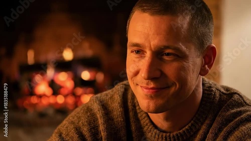 crew cut hairstyle | A warm glow illuminates a smiling man seated near a cozy fireplace, wearing a knitted sweater, exuding comfort and contentment in a rustic setting
