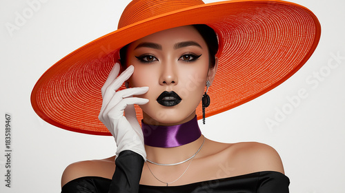 A fashion portrait of a woman in a striking, large orange hat against a clean white background