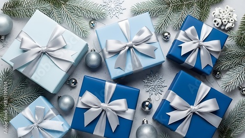 Blue and light blue gift boxes with silver ribbons and festive decorations Christmas