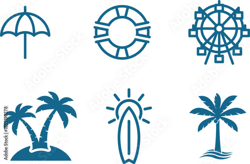 Blue outline beach holiday icon set featuring a life preserver umbrella palm trees surfboard and ferris wheel represents vacation and relaxation