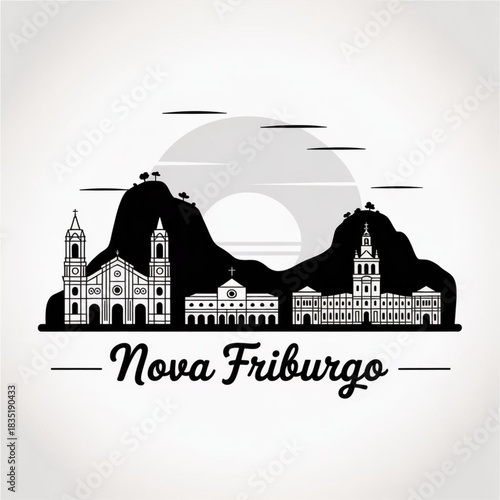 Nova Friburgo Skyline Silhouette — Mountain-Backed Textile & Cultural City in Rio de Janeiro Brazil Vector Illustration