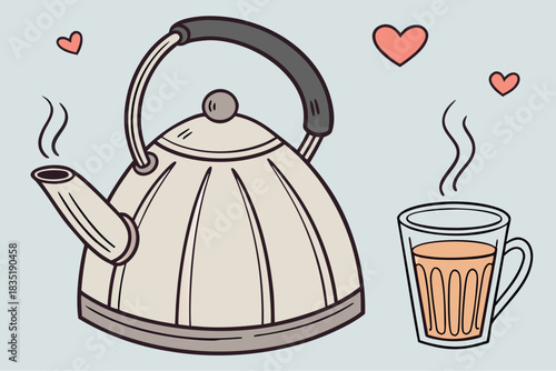 A cute cartoon illustration of a steaming kettle pouring hot water, paired with a glass of creamy masala chai, surrounded by little pink hearts – capturing the warm, comforting vibe of chai time.