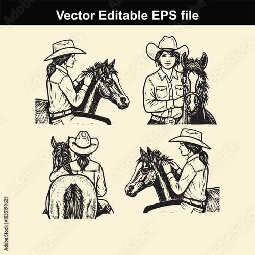 collection of four black and white vector illustrations depicting cowgirls riding and posing with their horses, showcasing western equestrian lifestyle and attire