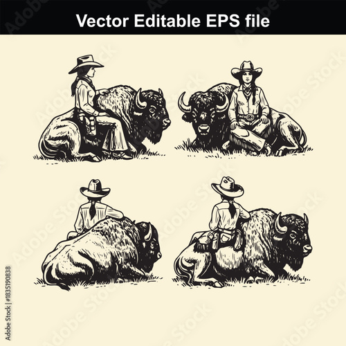 vintage vector illustration set depicting cowboys and cowgirls riding or sitting on resting american bison or buffaloes in a detailed sketch style