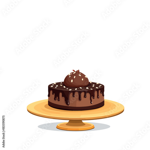 Vsai chocolate cake with ganache and nut topping on stand