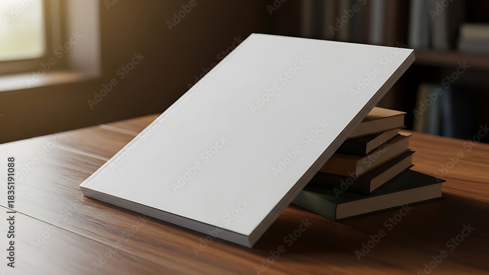 Fototapeta premium Blank Book Cover Mockup on Wooden Table with Natural Light.