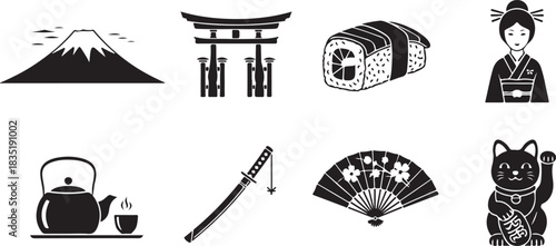 Japanese Icons: Mount Fuji, Torii Gate, Sushi, Geisha, Tea Set, Katana, Fan, Cat