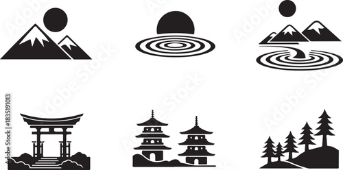 Japanese-inspired minimalist icons: mountains, pagodas, torii gate, and trees