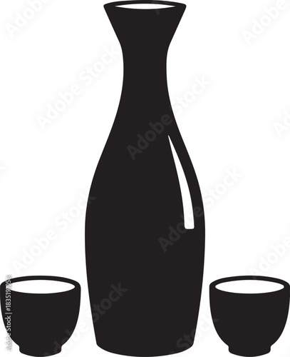 Black and White Silhouette of a Sake Set with Bottle and Two Cups