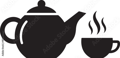 Black and white icon of a steaming teapot and cup, symbolizing hot beverages