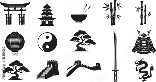 Collection of Asian Cultural Icons: Torii Gate, Pagoda, Bonsai, Dragon, and More