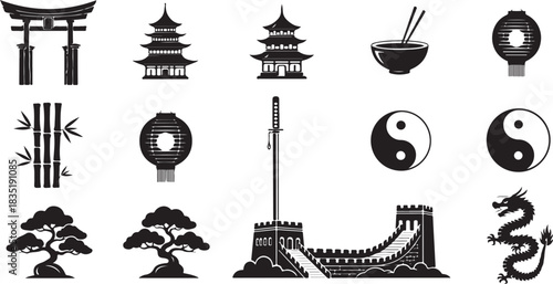 Collection of Asian cultural icons: temples, dragons, and more