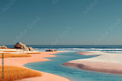 Tranquil Coastal Landscape with Vibrant Sand and Rocks for Nature Poster Design