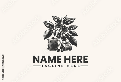 Intricate vintage cocoa plant logo vector illustration, showcasing detailed engraved beans, leaves, and a classic serving cup, perfect for artisanal beverage branding