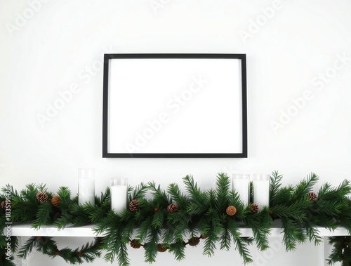 Blank picture frame above festive christmas garland decoration on white wall