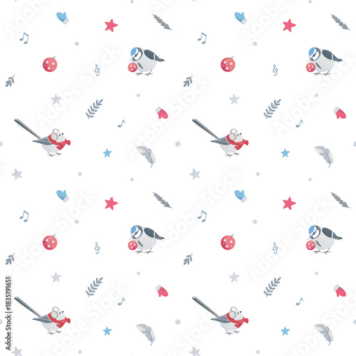 Winter time songbirds seamless pattern. Long tailed tit, blue tit, titmouse in warm scarf. Cozy vibes and festive mood. Hand drawn Christmas illustration, perfect for textile and wrapping paper.