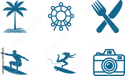Collection of vector icons representing travel leisure dining and photography featuring a palm tree a ferris wheel cutlery surfers and a camera in an illustration