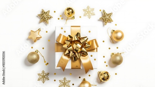 White gift box with gold bow surrounded by gold ornaments and snowflakes Christmas ornaments