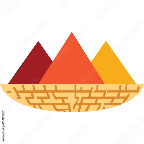 Three Colorful Spices Arranged In A Woven Basket With Warm Lighting And A Simple Background