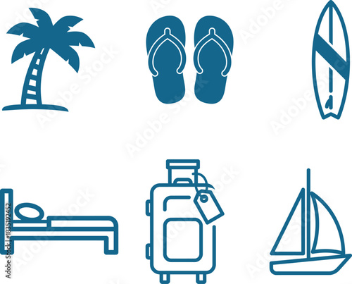 Conceptual travel and vacation design elements including palm tree sandals surfboard bed luggage