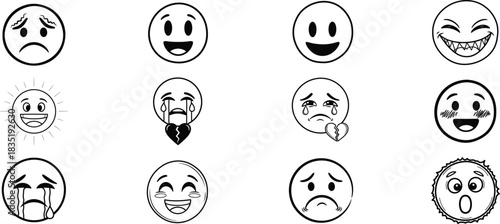 Collection of hand drawn cartoon emoticons with different expressions