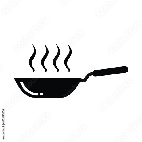 Simple black silhouette icon representing a hot wok pan with rising steam for cooking