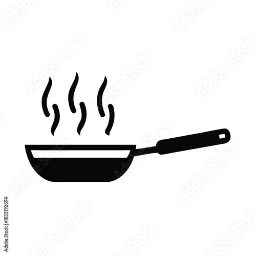 Simple black and white icon representing a hot frying pan with steam rising above it