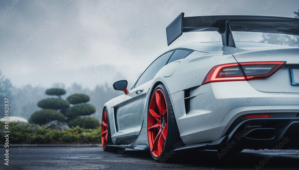 Naklejka premium Sleek White Sports Car with Red Accents and Spoiler on Wet Asphalt