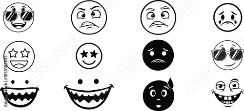 Variety of cartoon facial expressions in black and white