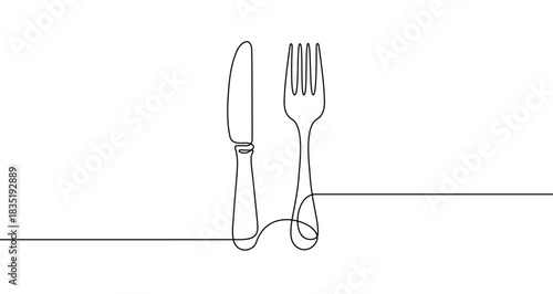 Knife and fork drawing in continuous one line art style. Cutlery sketch with editable black stroke on white background. Vector illustration.