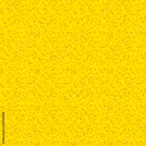 An intricate background of bright yellow interlaced curves forms a dense, chaotic web mimicking the texture of cooked spaghetti or instant ramen noodles in a seamless, vector-style artistic pattern