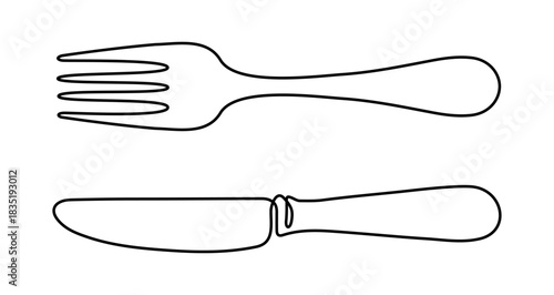 Set of linear icons of fork and knife. Black outlined cutlery isolated on white background. Vector illustration.